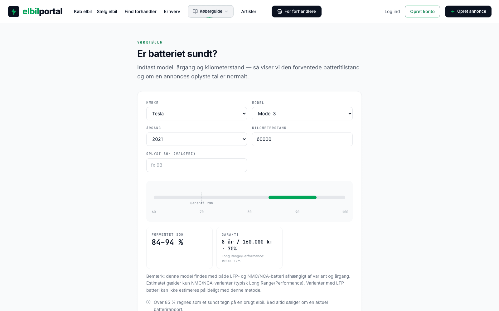 Batteri-tjek med en model valgt