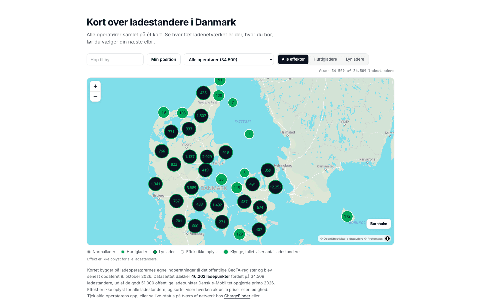 Ladekortet over offentlige ladestandere i Danmark